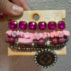Pink Gem & Bead Layered Bracelet Stack